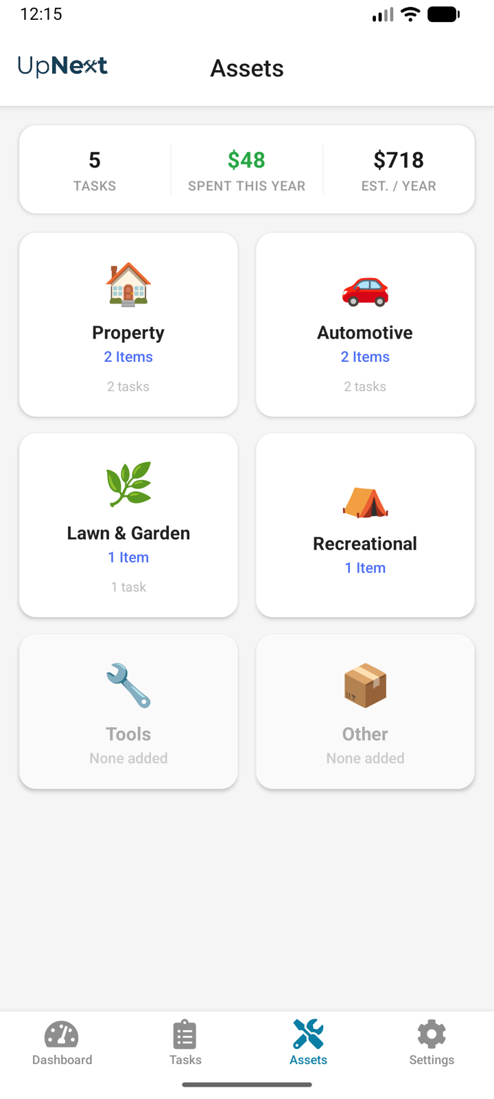 UpNext assets screen organised by category