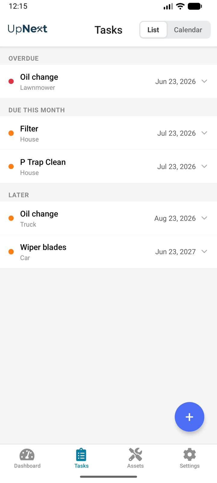 UpNext task list grouped by when each job is due